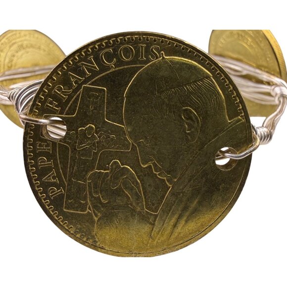 Gold Tone Religious Medallion Coin Bracelet Wire Wrapped Adjustable Handmade - Picture 3 of 6